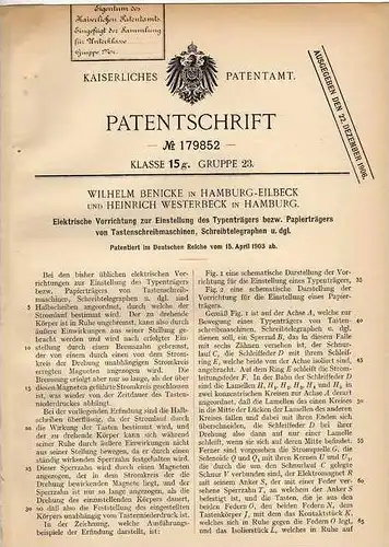 Original Patentschrift - W. Benicke in Hamburg - Eilbeck , 1903 , Schreibtelegraph und Schreibmaschine , Vorrichtung !!!