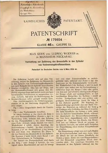 Original Patentschrift - M- Kern in Mannheim - Neckarau , 1904 , Brennstoffzuführung vür Motoren !!!