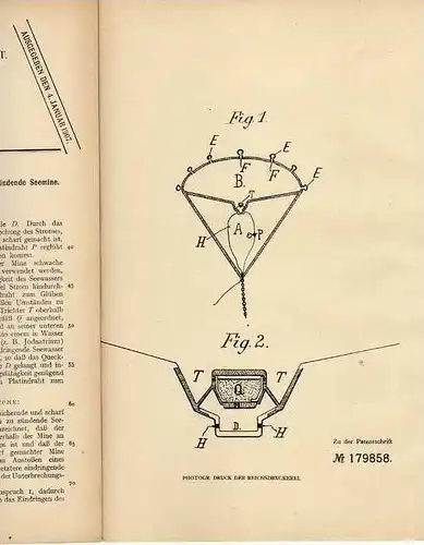 Original Patentschrift - P. Martin in Schwetzingen , 1906 , elektrische Seemine , Mine !!!