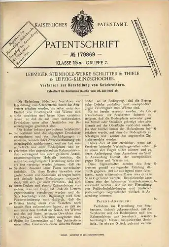 Original Patentschrift - Steinholz Werke in Leipzig - Kleinzschocher , 1905 , Herstellung von Setzbrettern !!!