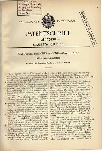Original Patentschrift - W. Hessling in Genua - Cavignano , 1904 , Klimaanlage , Kälteerzeuger !!!