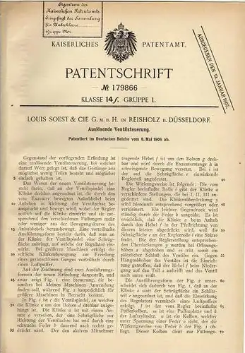 Original Patentschrift - L. Soest in Reisholz b. Düsseldorf , 1906 , Ventilsteuerung !!!