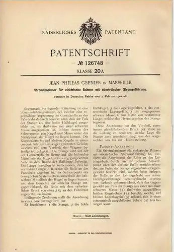 Original Patentschrift - J. Phileas Grenier in Marseille , 1901 , Strassenbahn , Eisenbahn !!!