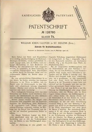 Original Patentschrift - W. Glover in St. Helens , 1901 , Drahtziehmaschine , Ziehrolle !!!