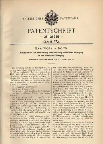 Original Patentschrift - M. Wolz in Bonn , 1901 , Getrieb mit Bewegungsumwandlung !!!