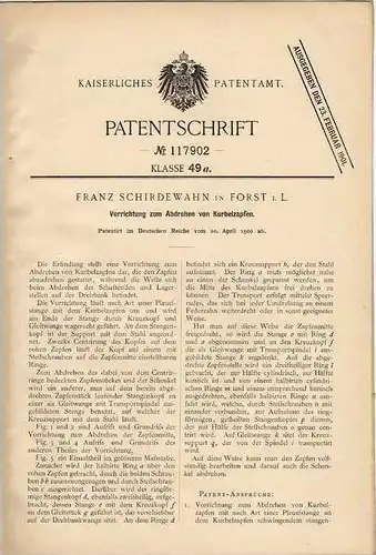 Original Patentschrift - F. Schirdewahn in Forst i.L., 1900 , Maschine zum Abdrehen von Kurbelzapfen !!!