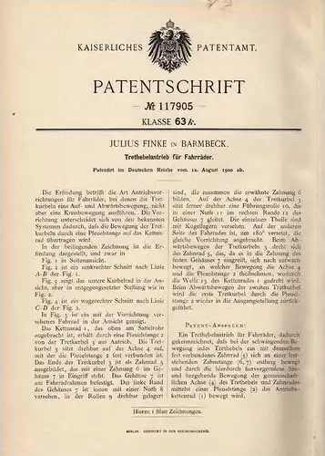 Original Patentschrift - J. Finke in Barmbeck , 1900 , Trethebelantrieb für Fahrräder , Fahrrad !!!