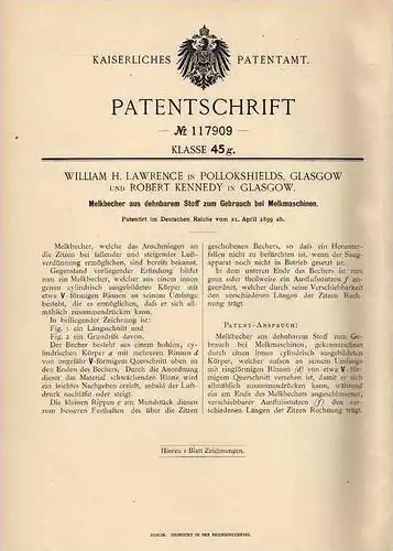 Original Patentschrift - Melkbecher , Melkerei , 1899 , W. Lawrence in Pollokshields , Glasgow , Melken , Kuh , Milch !!