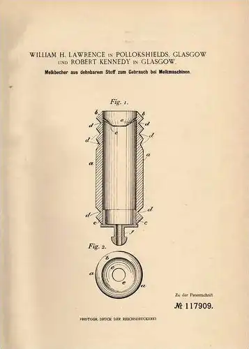 Original Patentschrift - Melkbecher , Melkerei , 1899 , W. Lawrence in Pollokshields , Glasgow , Melken , Kuh , Milch !!