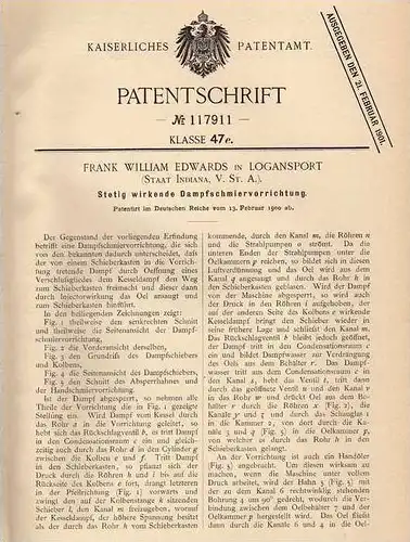 Original Patentschrift - F. Edwards in Logansport , 1900 , Dampfschmiervorrichtung , Dampfmaschine !!!