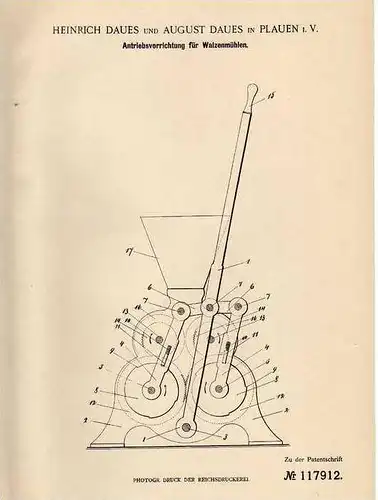 Original Patentschrift - H. Daues in Plauen i. V., 1900 , Antrieb für Walzenmühle , Mühle !!!