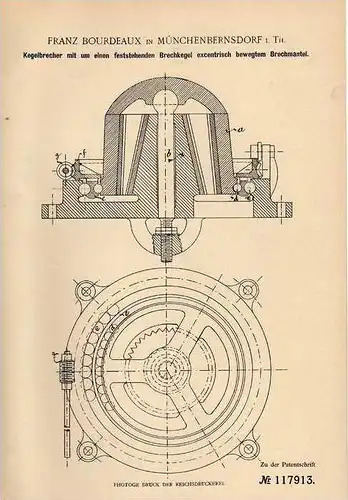 Original Patentschrift - F. Boreaux in Münchenbernsdorf i. Th. , 1900 , Kegelbrecher für Stein , Erz , Bergbau  !!!