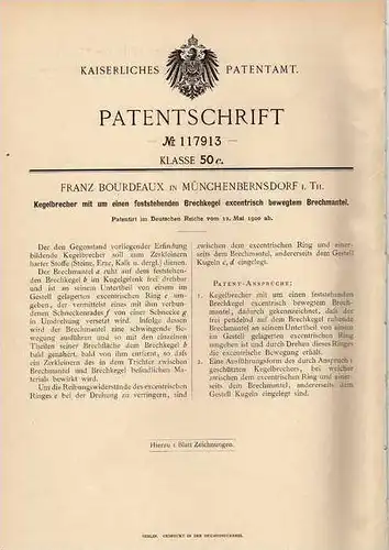 Original Patentschrift - F. Boreaux in Münchenbernsdorf i. Th. , 1900 , Kegelbrecher für Stein , Erz , Bergbau  !!!