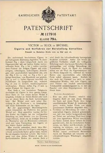 Original Patentschrift - V. de Buck in Brüssel , 1900 , Cigarre und Herstellung , Zigarre  !!!