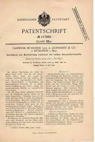 Original Patentschrift - Farbwerk Mühlheim a. Main , 1896 , Darstellung violetter Farbstoffe , Farbe , Chemie !!!