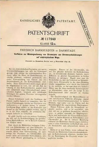 Original Patentschrift - F. Darmstädter in Darmstadt , 1899 , Gewinnung von Chromsäure , Chemie !!!