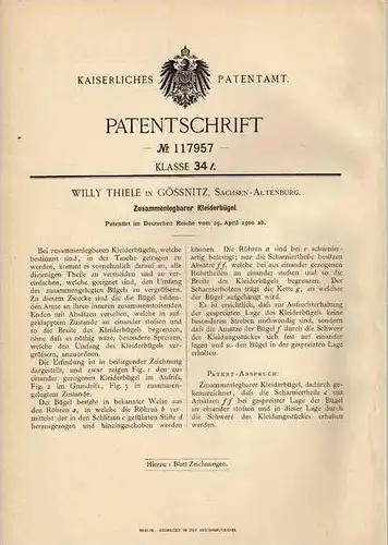 Original Patentschrift - W. Thiele in Gössnitz , Sachsen - Altenburg , 1900 , Kleiderbügel , Gößnitz !!!