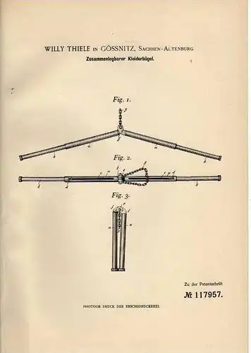 Original Patentschrift - W. Thiele in Gössnitz , Sachsen - Altenburg , 1900 , Kleiderbügel , Gößnitz !!!