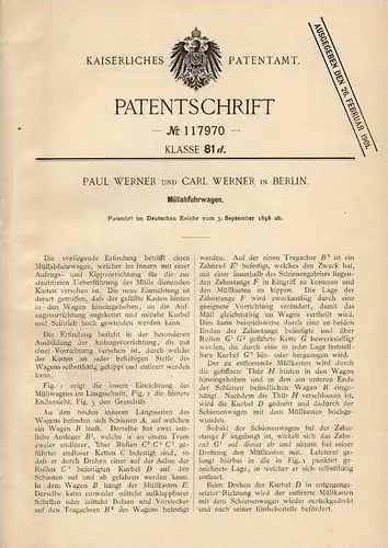 Original Patentschrift - P. Werner in Berin , 1898 , Müllabfuhrwagen , Müllauto , Müllabfuhr , Müll !!!