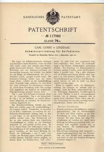 Original Patentschrift - C. Gosse in Lindenau , 1900 , Schmiervorrichtung für Selfaktoren !!!