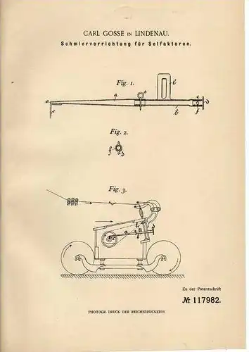 Original Patentschrift - C. Gosse in Lindenau , 1900 , Schmiervorrichtung für Selfaktoren !!!