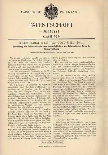 Original Patentschrift - J. Grice in Sutton Cold Field , 1900 , Falschgeld Auswerfer für Selbstverkäufer , Automat !!!