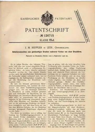 Original Patentschrift - J.M. Heppler in Leer , 1900 , Rotationsmaschine zum Drucken , Druckerei , Ostfriesland !!!