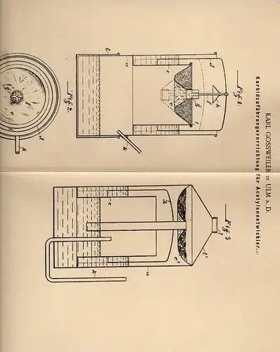 Original Patentschrift - K. Gossweiler in Ulm a.D., 1901, Entwickler für Acetylen !!!