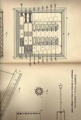 Original Patentschrift - Rechenapparat für Zinsen , 1887 , F. Palou in Barcelona ,  Zins , Sparkasse , Mathematik !!!