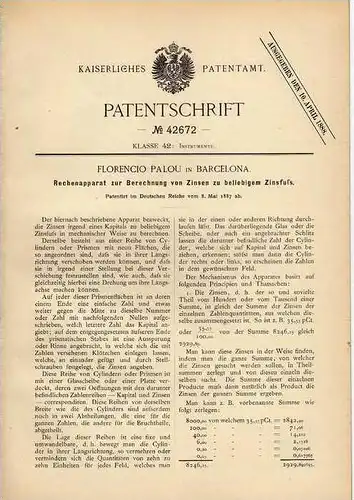 Original Patentschrift - Rechenapparat für Zinsen , 1887 , F. Palou in Barcelona ,  Zins , Sparkasse , Mathematik !!!