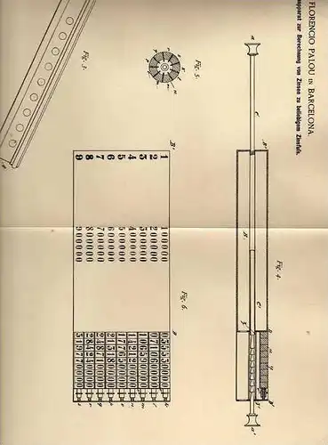 Original Patentschrift - Rechenapparat für Zinsen , 1887 , F. Palou in Barcelona ,  Zins , Sparkasse , Mathematik !!!