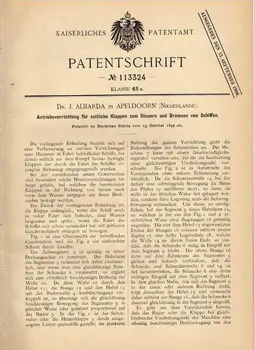 Original Patentschrift - Dr. Albarda in Apeldoorn , 1899 , Steuerung und Bremsung von Schiffen !!!