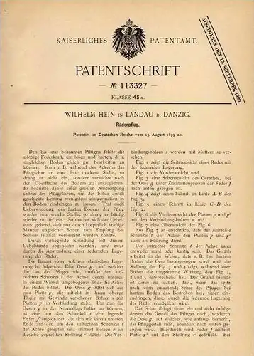 Original Patentschrift - W. Hein in Landau b. Danzig , 1899 , Räderpflug , Pflug , Landwirtschaft  !!!