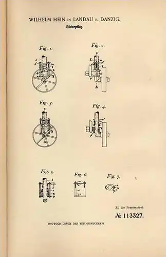 Original Patentschrift - W. Hein in Landau b. Danzig , 1899 , Räderpflug , Pflug , Landwirtschaft  !!!