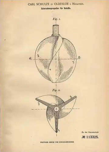 Original Patentschrift - C. Schulze in Oldesloe i. Holstein , 1899 , Schraubenpropeller für Schiffe , Schiffsschraube !!