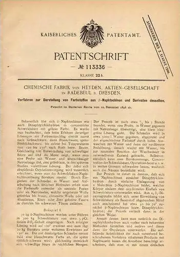 Original Patentschrift - von Heyden AG in Radebeul b. Dresden , 1898 , Farbstoffe aus Derivaten , Chemie !!!