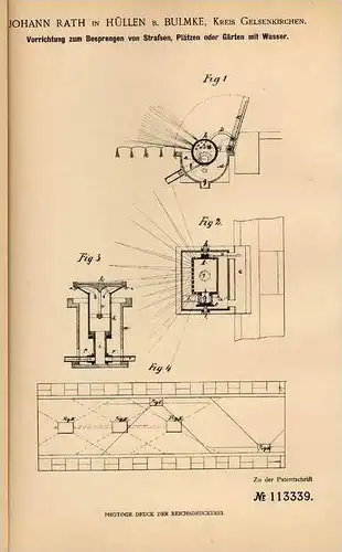 Original Patentschrift - J. Rath in Hüllen b. Bulmke , 1898 , Sprenger für Straßen oder Garten !!!