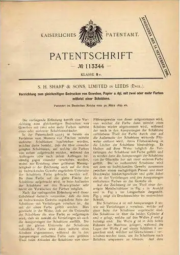 Original Patentschrift - A. Sharp in Leeds , 1899 , Druckmaschine für Papier und Gewebe , Druckerei !!!