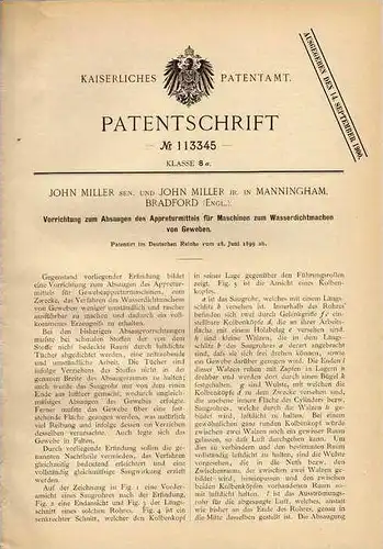 Original Patentschrift - J. Miller in Manningham , 1899 , Maschine für wasserdichte Gewebe !!!