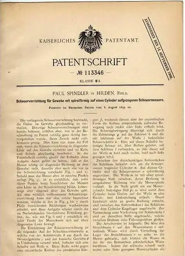 Original Patentschrift - P. Spindler in Hilden , 1899 , Scheuermaschine für Gewebe , Textilien !!!