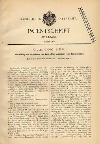 Original Patentschrift - G. Giorgi in Pisa , 1898 , Telegraphie , Aufnehmen von Nachrichten , Telegraph , telegraphy !!