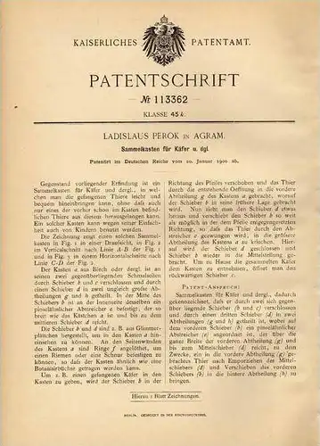 Original Patentschrift - L. Perok in Agram , 1900 , Kasten für Käfer , Insekten !!!