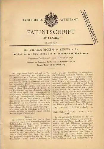 Original Patentschrift - Dr. Beckers in Kempen a. Rh., 1898 , Milchsäure aus Abwasser !!!