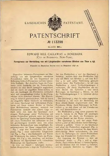 Original Patentschrift - E. Callaway in Rosebank , 1898 , Presse für Formen aus Thon !!!