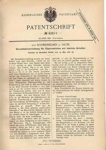 Original Patentschrift - von Schweinichen in Jauer , 1887 , Cigarrenkisten - Verschluß , Cigarre , Zigarre !!!