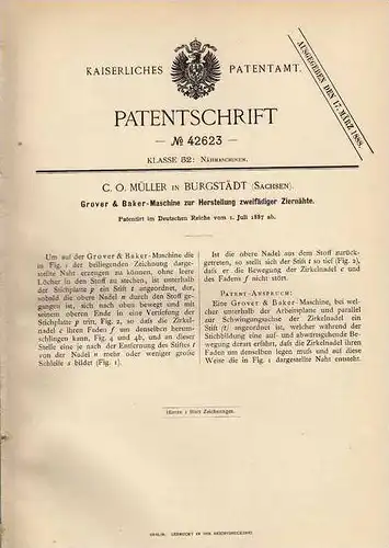 Original Patentschrift - C.O. Müller in Burgstädt , Sachsen , 1887 , Maschine für Ziernähte !!!