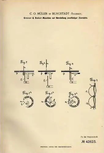 Original Patentschrift - C.O. Müller in Burgstädt , Sachsen , 1887 , Maschine für Ziernähte !!!