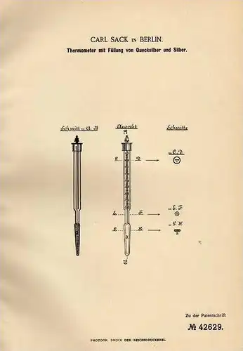 Original Patentschrift - Thermometer mit Silber , 1887 , C. Sack in Berlin !!!