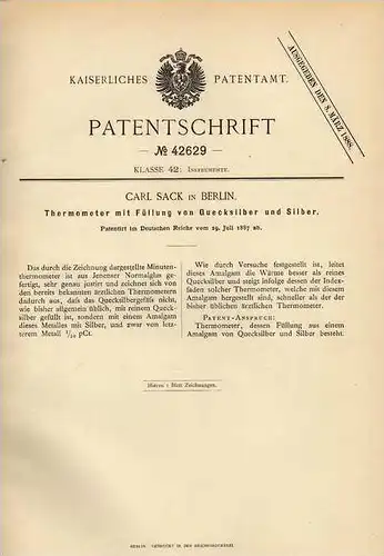 Original Patentschrift - Thermometer mit Silber , 1887 , C. Sack in Berlin !!!