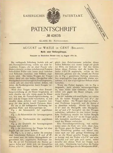 Original Patentschrift - A. de Waele in Gent , 1887 , Not- und Rettungstreppe , Feuerwehr , Rettung , Treppe !!!